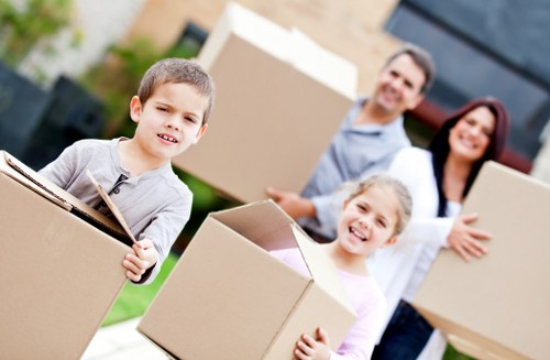 Packed boxes and furniture ready for a home removal in Nine Elms