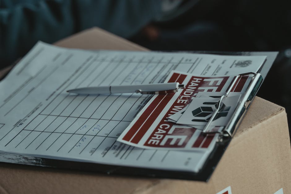 A close-up view of a relocation checklist placed on top of a cardboard moving box, with a silver pen resting on a housing removal form. The checklist and form are secured to a black clipboard, which is positioned on the edge of a box in an indoor setting. Additionally, a small printed note with a geometric logo is tucked partially under the clipboard. The environment appears to be inside a property or storage area, with natural lighting highlighting the paper, pen, and packing materials. The scene captures the detailed process of coordinating a house relocation, reflecting careful planning, packing, and logistics involved in furniture transport and moving services offered by companies like Man with Van Nine Elms.